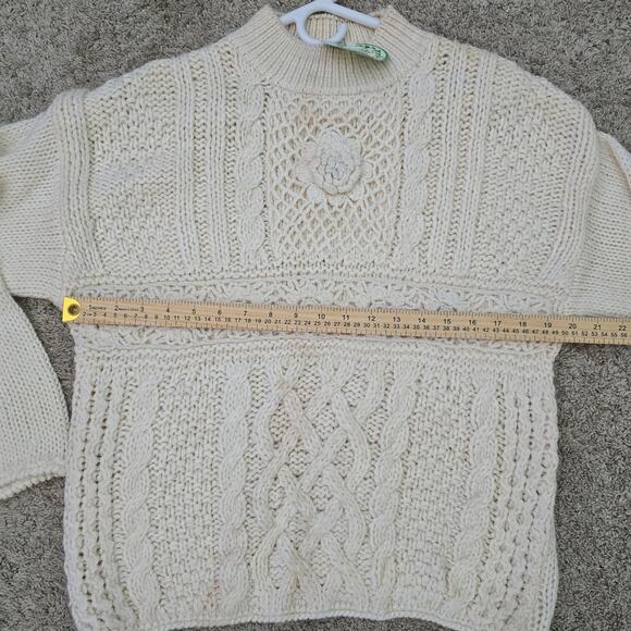 NWT Vintage Hand Knit Chunky Flower Cable Sweater L Cottage Boho Cream Grandma - Picture 5 of 10
